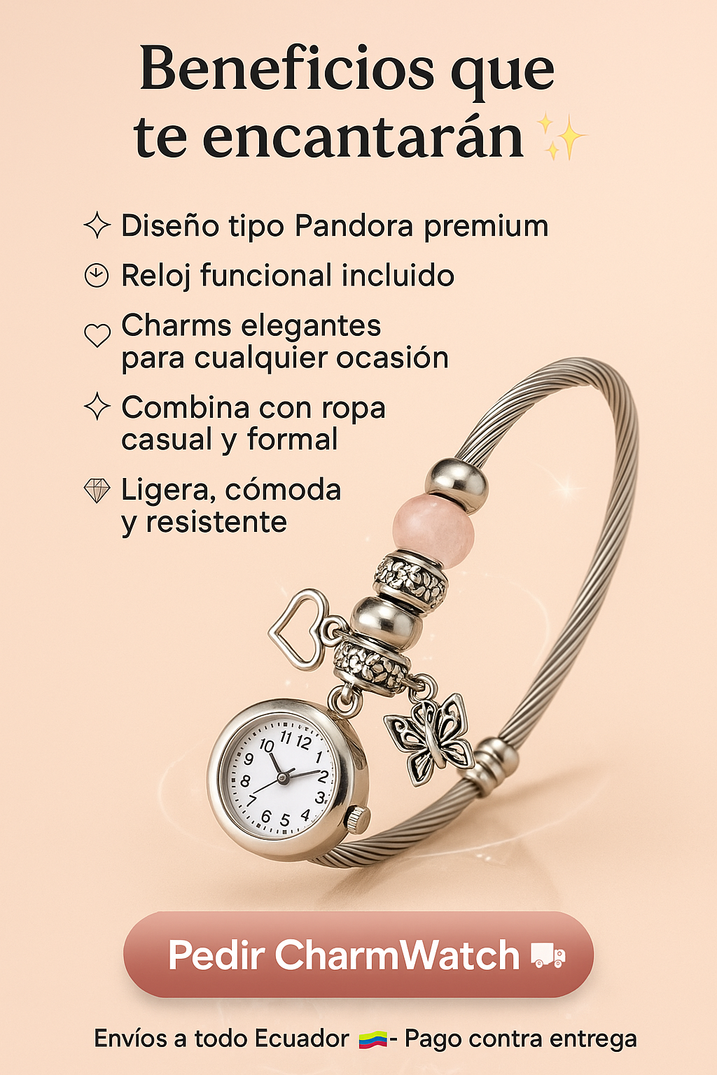 CharmWatch – Pulsera tipo Pandora con reloj colgante - Elegancia que te acompaña siempre