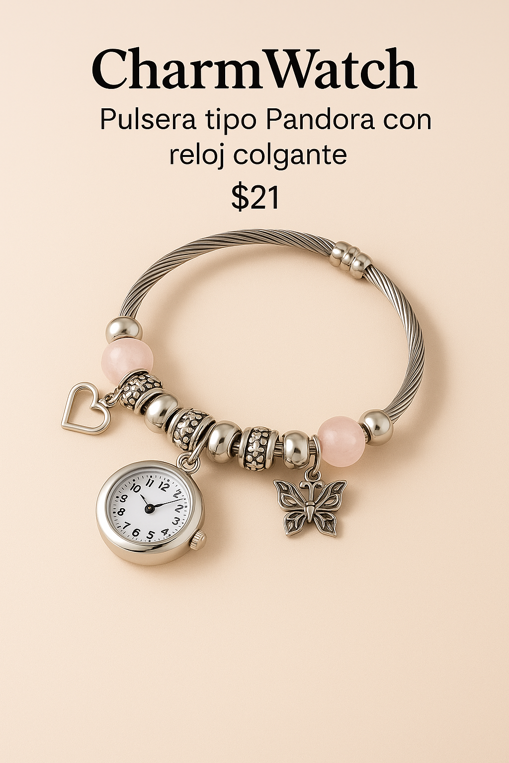 CharmWatch – Pulsera tipo Pandora con reloj colgante - Elegancia que te acompaña siempre