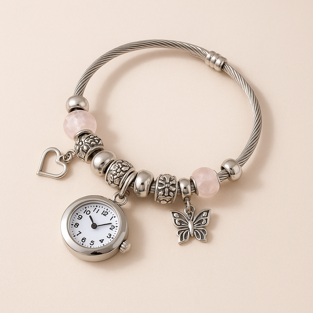 CharmWatch – Pulsera tipo Pandora con reloj colgante - Elegancia que te acompaña siempre