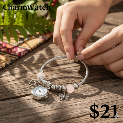 CharmWatch – Pulsera tipo Pandora con reloj colgante - Elegancia que te acompaña siempre