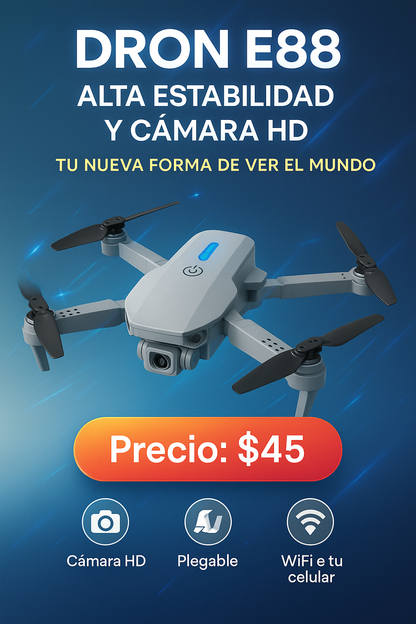 Dron E88. “¿Listo para dominar el cielo? 🌤️ Consigue tu Dron E88 y empieza a grabar desde las alturas.”